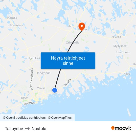 Tasbyntie to Nastola map
