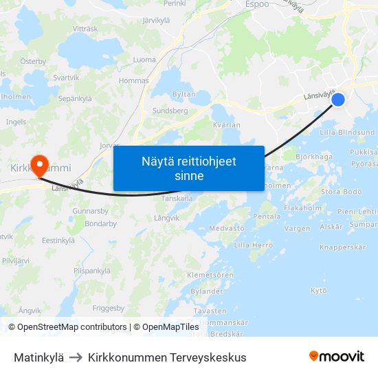 Matinkylä to Kirkkonummen Terveyskeskus map