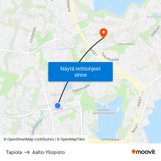 Tapiola to Aalto-Yliopisto map