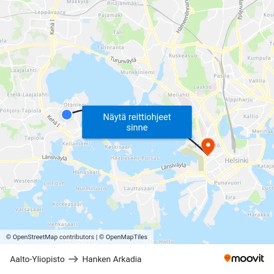 Aalto-Yliopisto to Hanken Arkadia map
