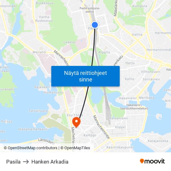 Pasila to Hanken Arkadia map