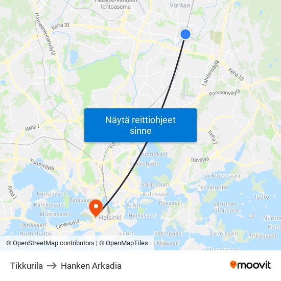 Tikkurila to Hanken Arkadia map