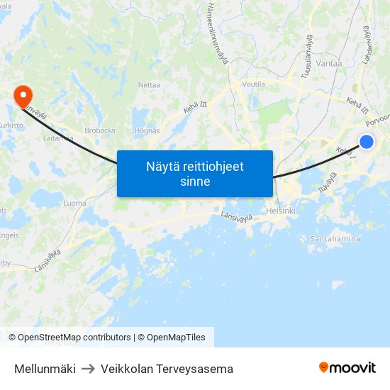 Mellunmäki to Veikkolan Terveysasema map