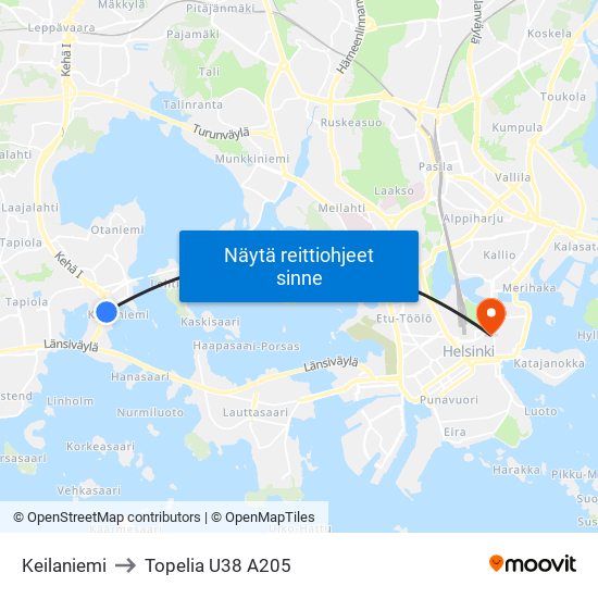 Keilaniemi to Topelia U38 A205 map