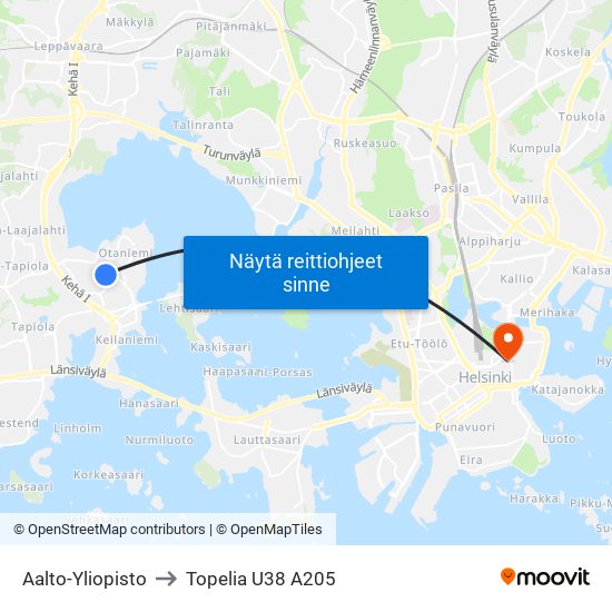 Aalto-Yliopisto to Topelia U38 A205 map