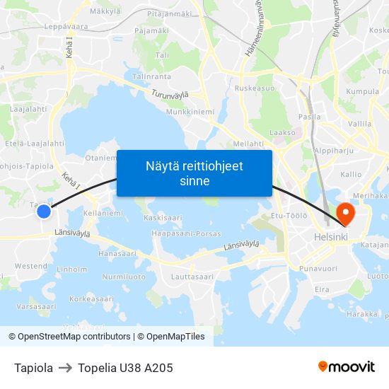 Tapiola to Topelia U38 A205 map