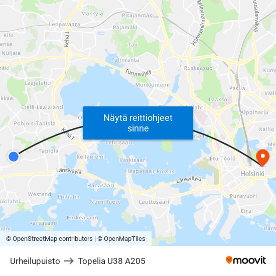 Urheilupuisto to Topelia U38 A205 map