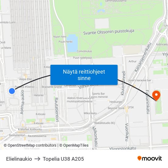 Elielinaukio to Topelia U38 A205 map