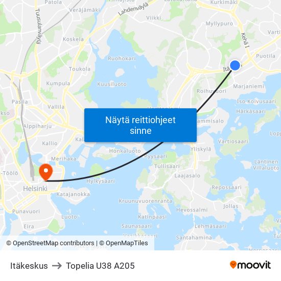 Itäkeskus to Topelia U38 A205 map