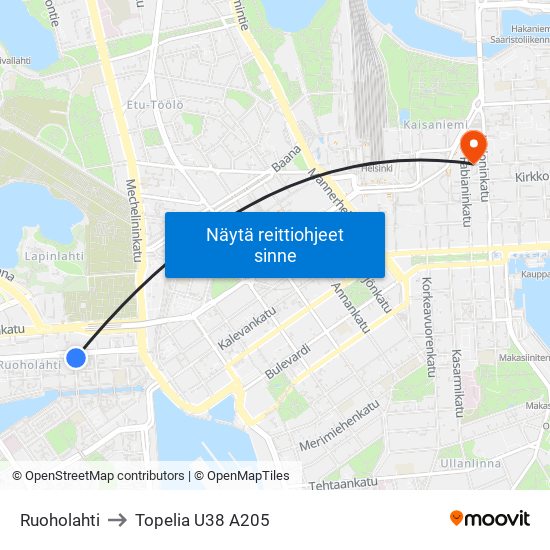 Ruoholahti to Topelia U38 A205 map