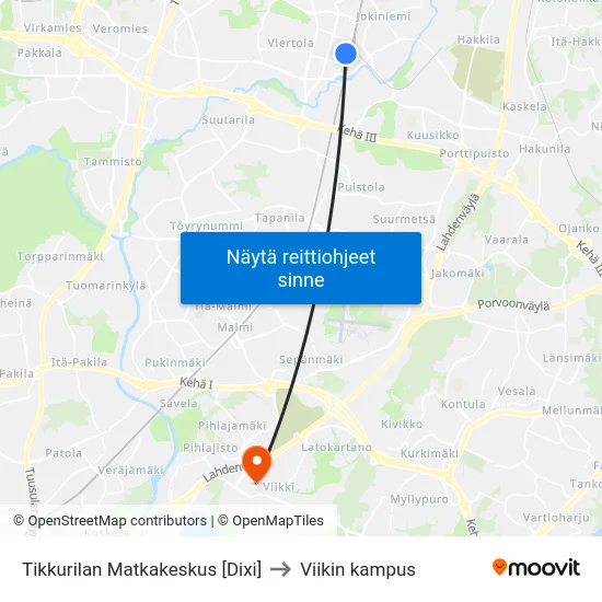 Tikkurilan Matkakeskus [Dixi] to Viikin kampus map