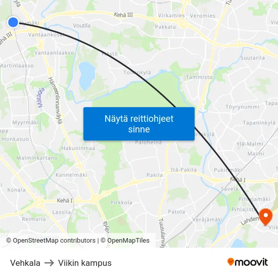 Vehkala to Viikin kampus map