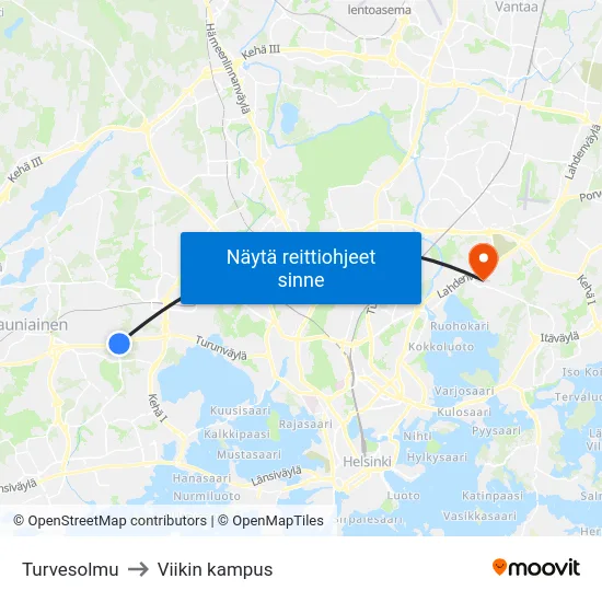 Turvesolmu to Viikin kampus map