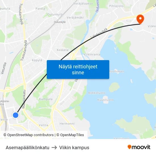 Asemapäällikönkatu to Viikin kampus map