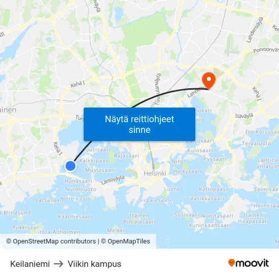 Keilaniemi to Viikin kampus map