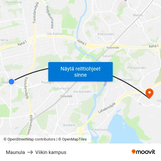 Maunula to Viikin kampus map