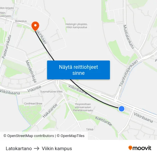 Latokartano to Viikin kampus map