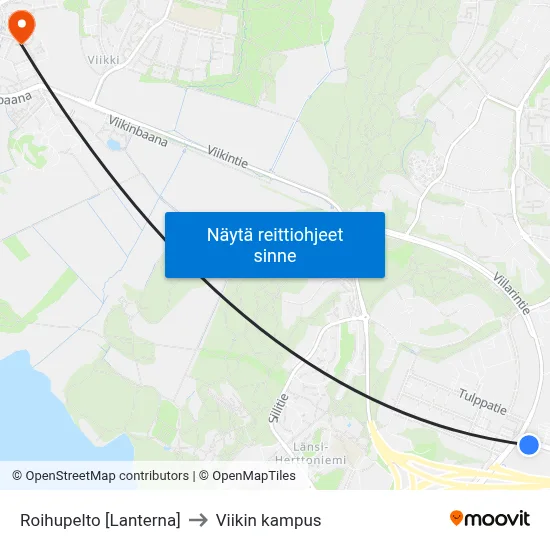 Roihupelto [Lanterna] to Viikin kampus map