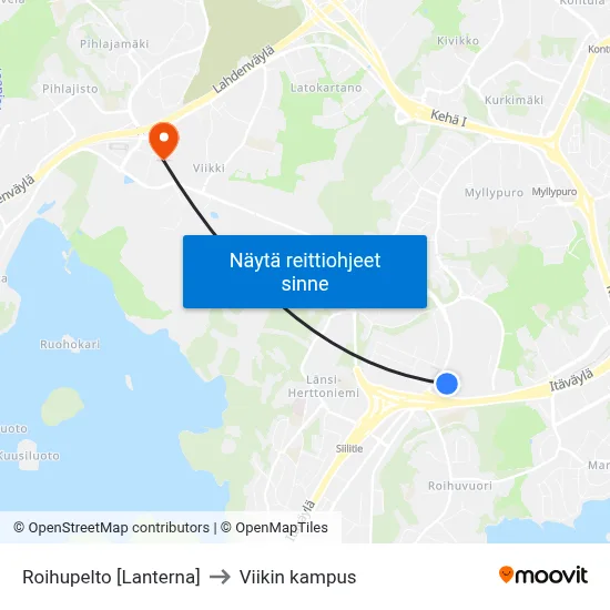 Roihupelto [Lanterna] to Viikin kampus map
