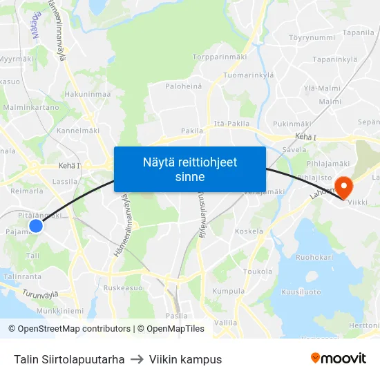 Talin Siirtolapuutarha to Viikin kampus map