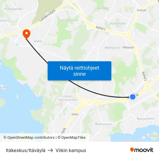 Itäkeskus/Itäväylä to Viikin kampus map