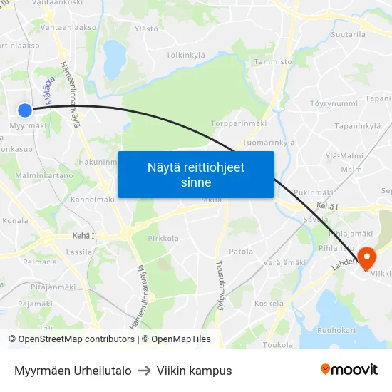 Myyrmäen Urheilutalo to Viikin kampus map