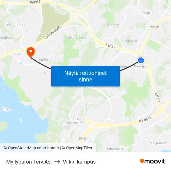 Myllypuron Terv.As. to Viikin kampus map