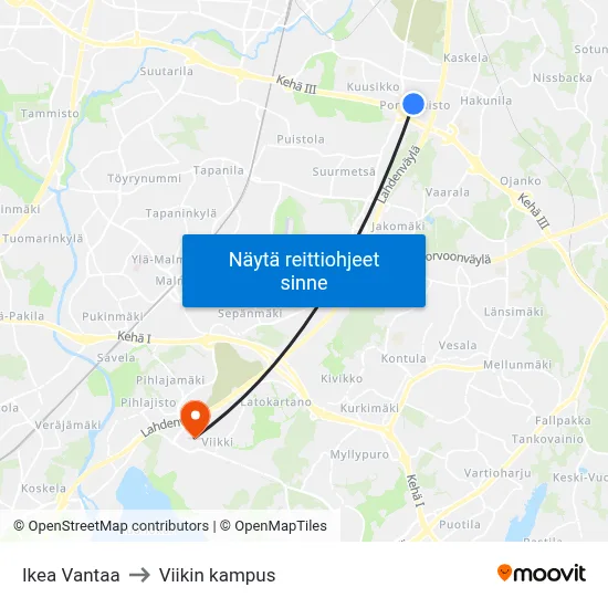 Ikea Vantaa to Viikin kampus map