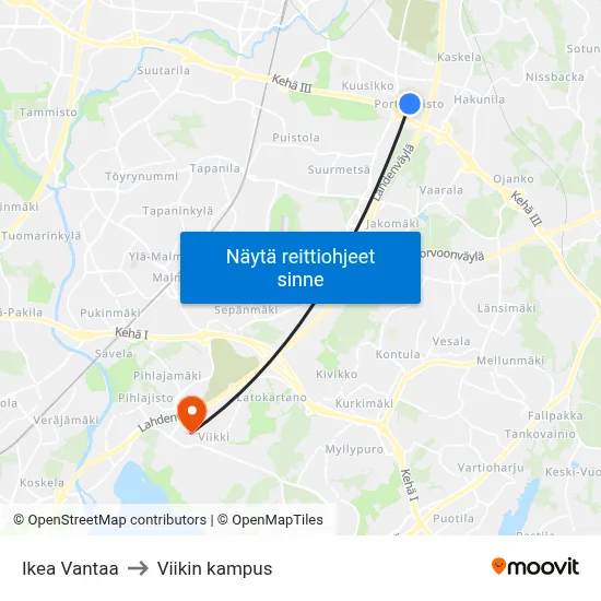 Ikea Vantaa to Viikin kampus map
