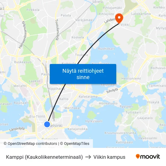 Kamppi (Kaukoliikenneterminaali) to Viikin kampus map