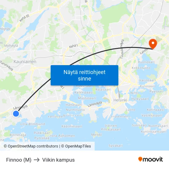 Finnoo (M) to Viikin kampus map