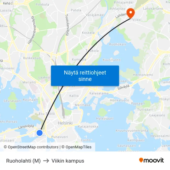 Ruoholahti (M) to Viikin kampus map