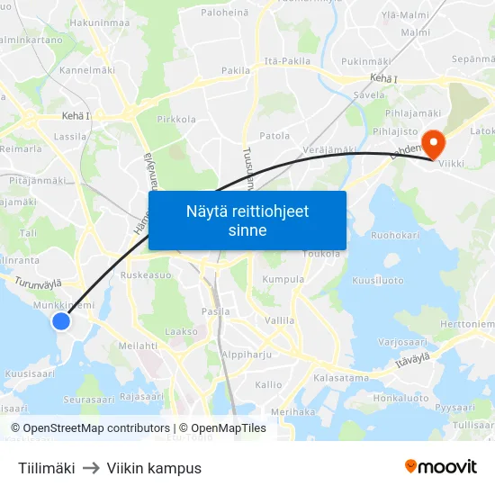 Tiilimäki to Viikin kampus map