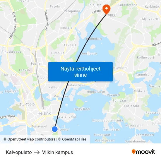 Kaivopuisto to Viikin kampus map