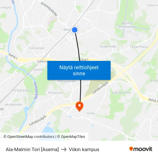 Ala-Malmin Tori [Asema] to Viikin kampus map
