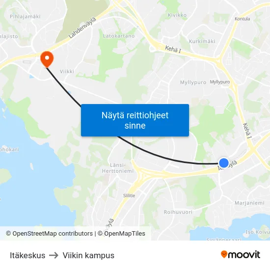 Itäkeskus to Viikin kampus map