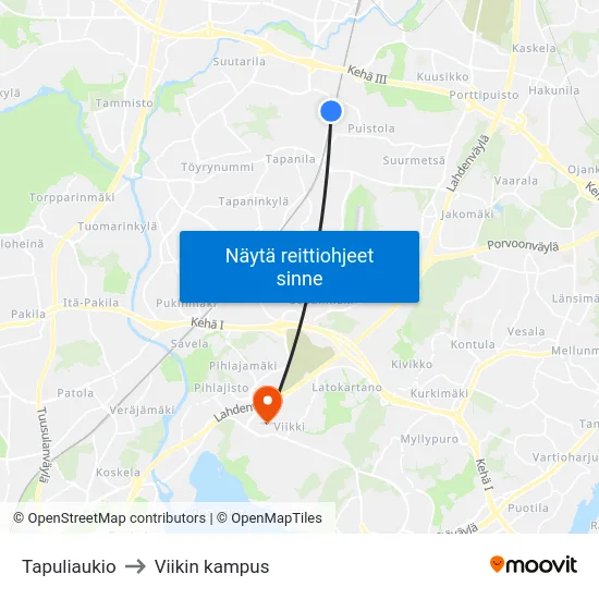 Tapuliaukio to Viikin kampus map