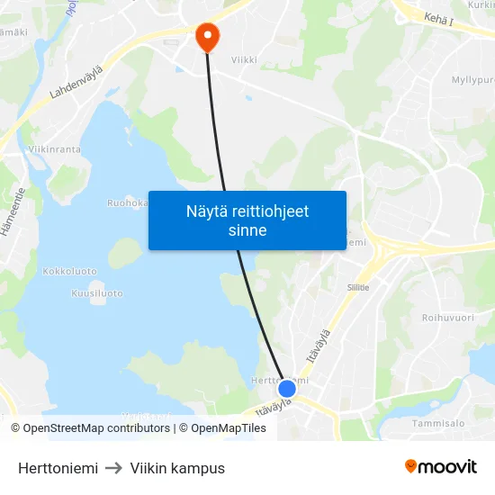 Herttoniemi to Viikin kampus map