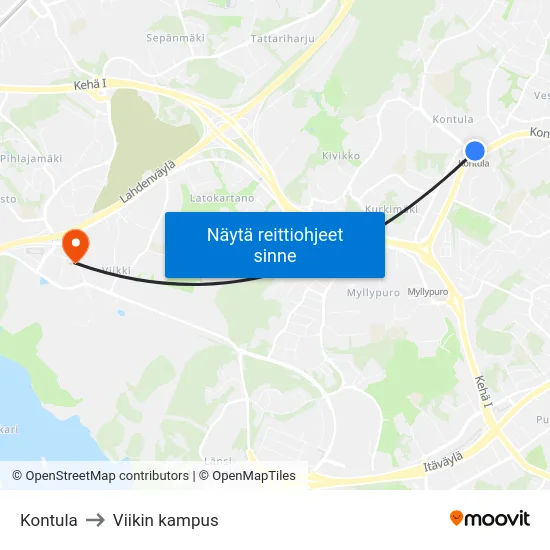 Kontula to Viikin kampus map