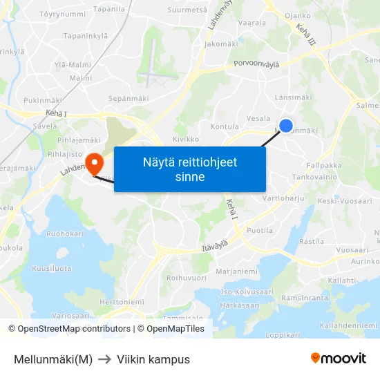 Mellunmäki(M) to Viikin kampus map
