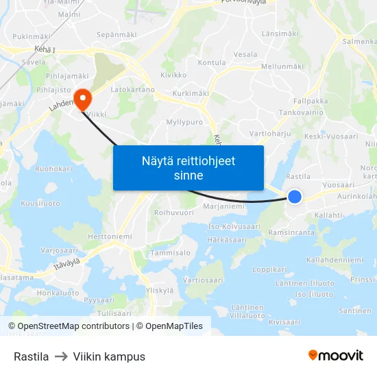 Rastila to Viikin kampus map