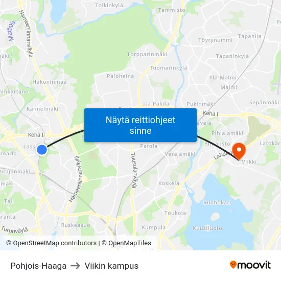 Pohjois-Haaga to Viikin kampus map