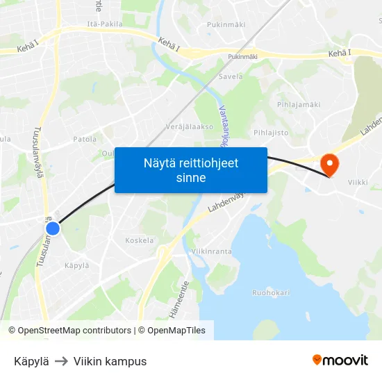 Käpylä to Viikin kampus map