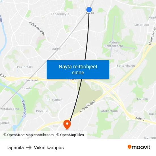 Tapanila to Viikin kampus map