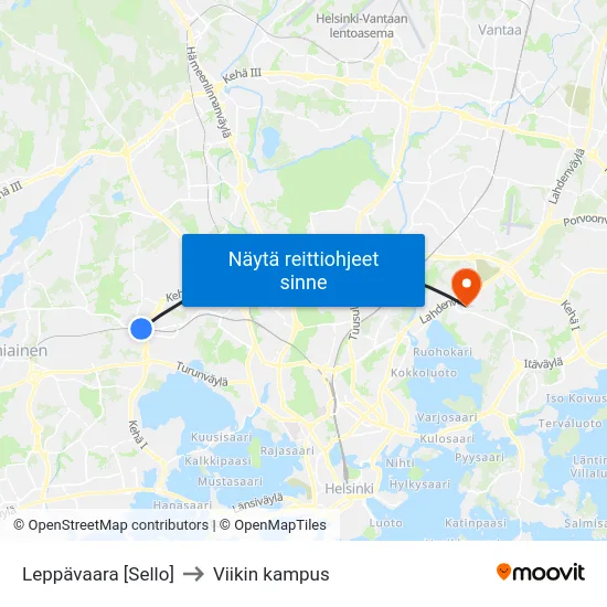 Leppävaara [Sello] to Viikin kampus map