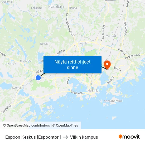 Espoon Keskus [Espoontori] to Viikin kampus map