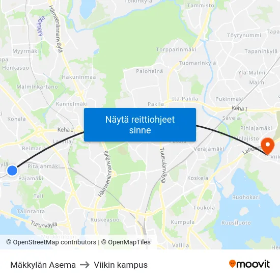 Mäkkylän Asema to Viikin kampus map