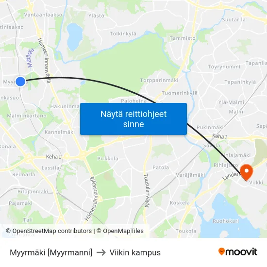 Myyrmäki [Myyrmanni] to Viikin kampus map