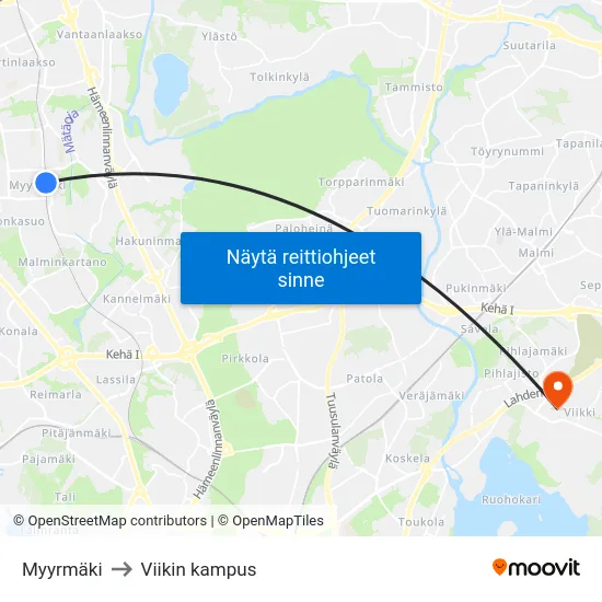Myyrmäki to Viikin kampus map
