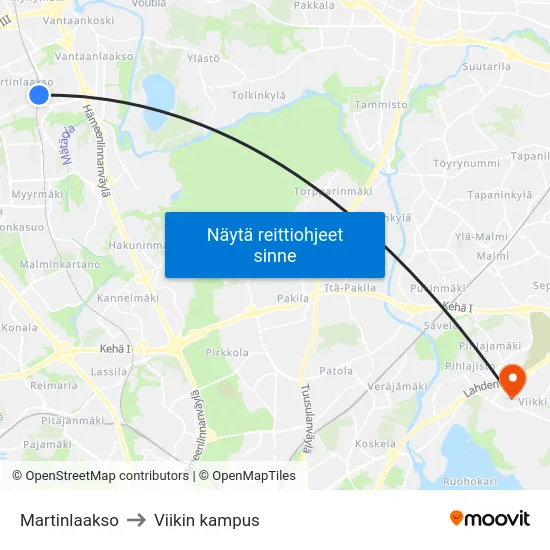 Martinlaakso to Viikin kampus map